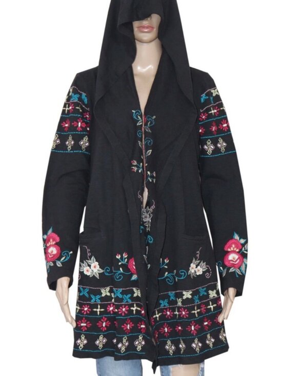 Caite Other - Caite Floral Embroidered Front Open Long Sleeve Asymmetrical Robe Hoodie